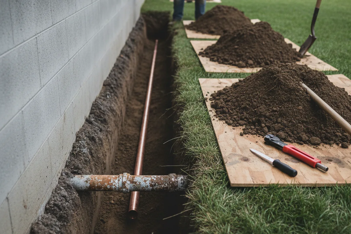 Excavated water line trench during Water Softener Installation in New Manchester